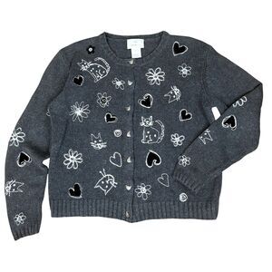 Susan Bristol Cat Embroidered Cardigan Ramie Cotton Kitty Button Sweater Small